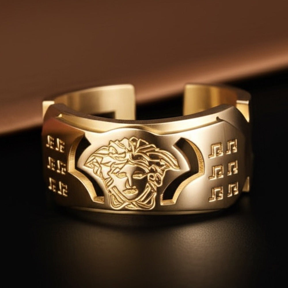 THE MEN THING Rings Royal Series - ORBIT BAND RING - Pure Stainless Steel Men’s Gold-Plated Ring – Statement Luxury Jewelry (Size : 15-18-21-23)