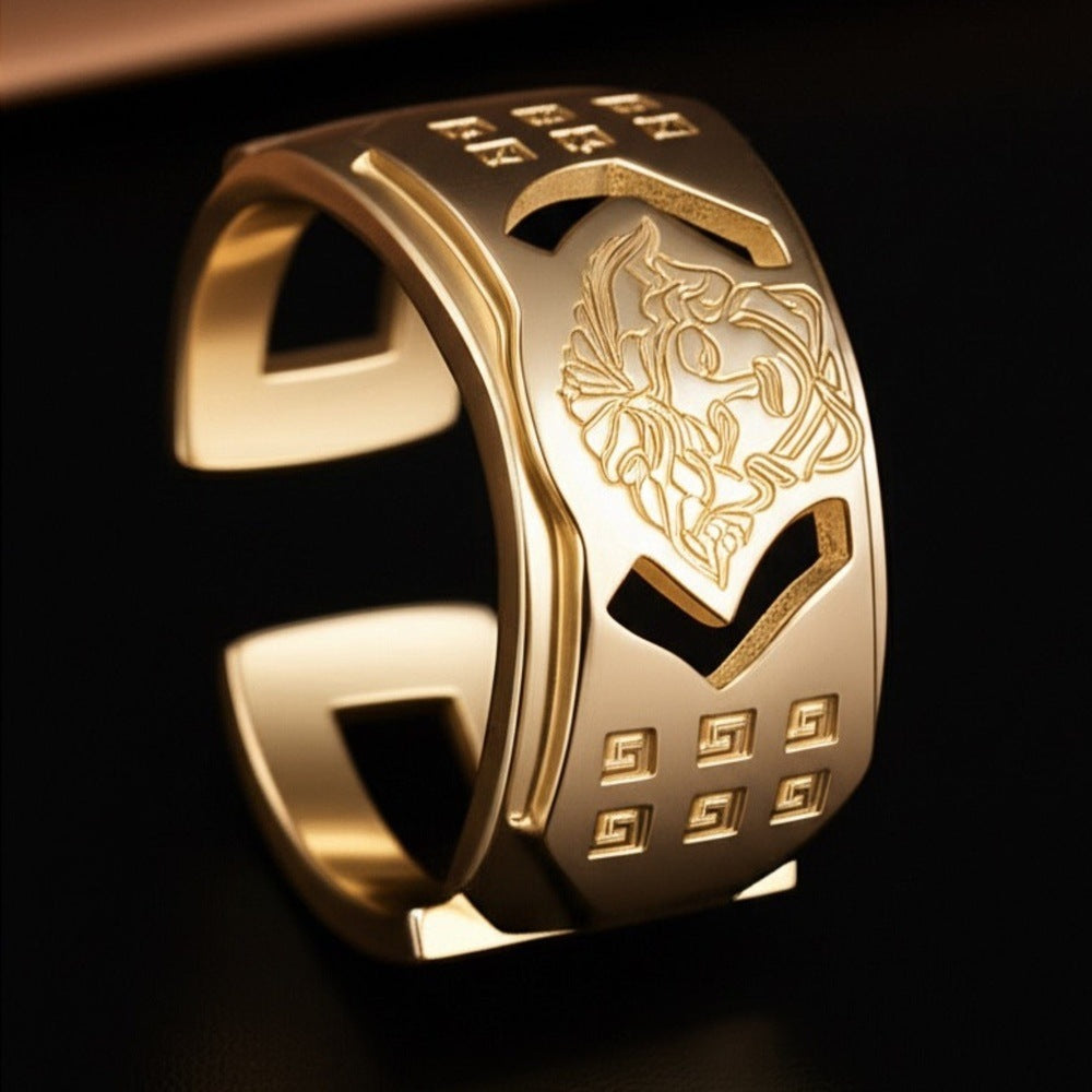 THE MEN THING Rings Royal Series - ORBIT BAND RING - Pure Stainless Steel Men’s Gold-Plated Ring – Statement Luxury Jewelry (Size : 15-18-21-23)