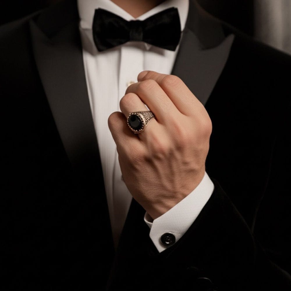 THE MEN THING Rings Royal Series - RAVIK RING - Pure Stainless Steel Men’s Rose Gold-Plated Black Stone Ring – Statement Luxury Jewelry (Size : 19-22-24)