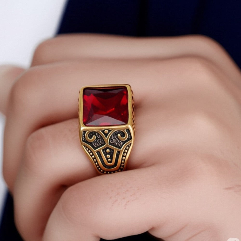 THE MEN THING Rings Royal Series - RED VALOR RING - Pure Stainless Steel Men’s Gold-Red Stone-Plated Ring – Statement Luxury Jewelry (Size : 18-21-23)