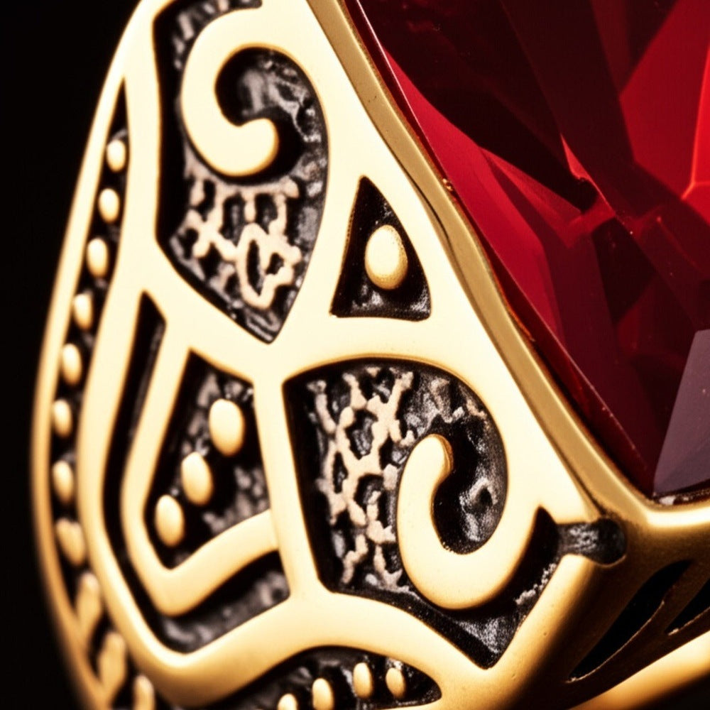THE MEN THING Rings Royal Series - RED VALOR RING - Pure Stainless Steel Men’s Gold-Red Stone-Plated Ring – Statement Luxury Jewelry (Size : 18-21-23)