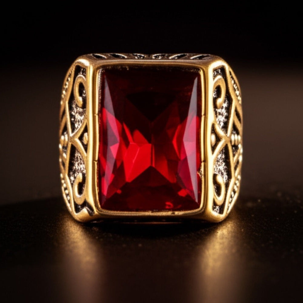 THE MEN THING Rings Royal Series - RED VALOR RING - Pure Stainless Steel Men’s Gold-Red Stone-Plated Ring – Statement Luxury Jewelry (Size : 18-21-23)