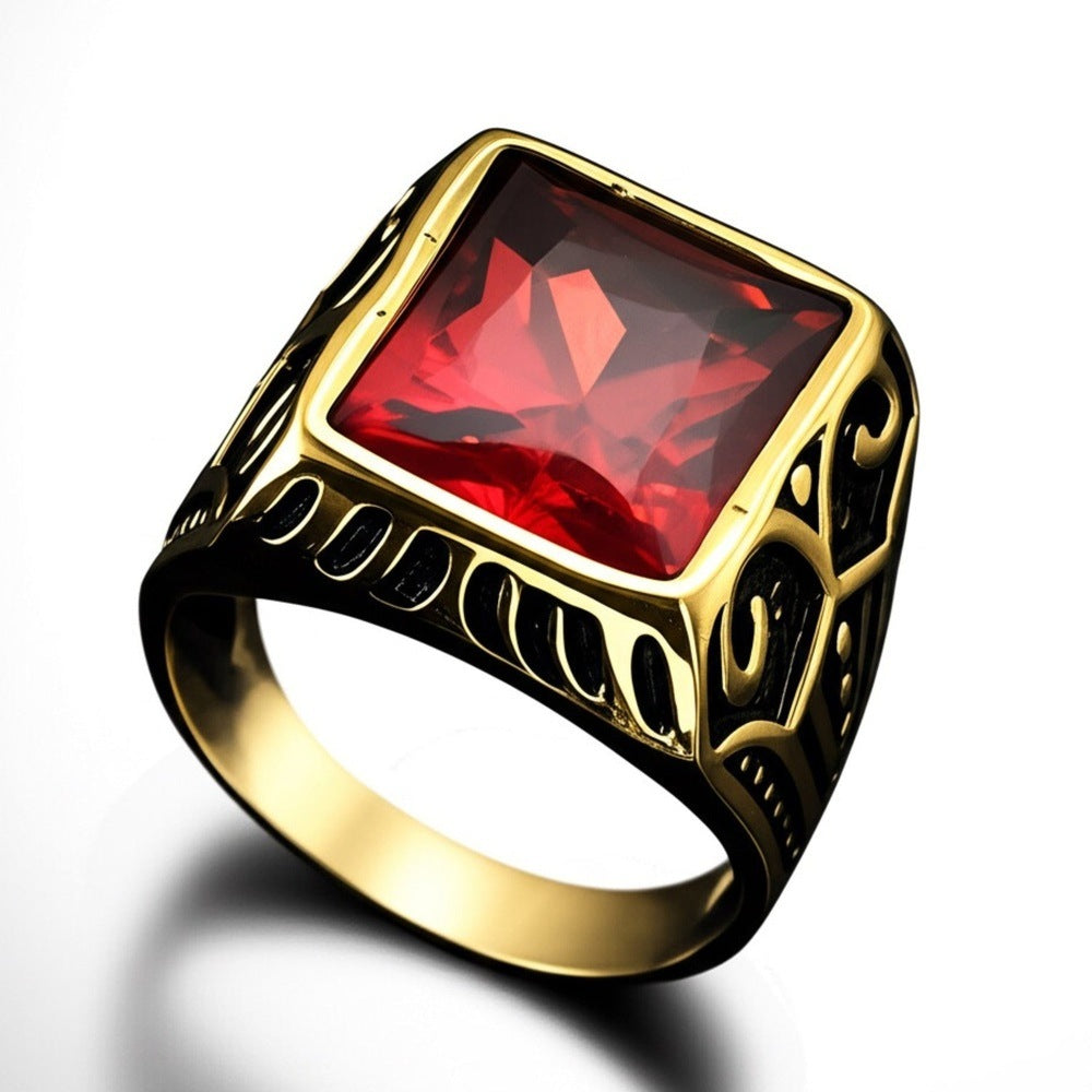 THE MEN THING Rings Royal Series - RED VALOR RING - Pure Stainless Steel Men’s Gold-Red Stone-Plated Ring – Statement Luxury Jewelry (Size : 18-21-23)