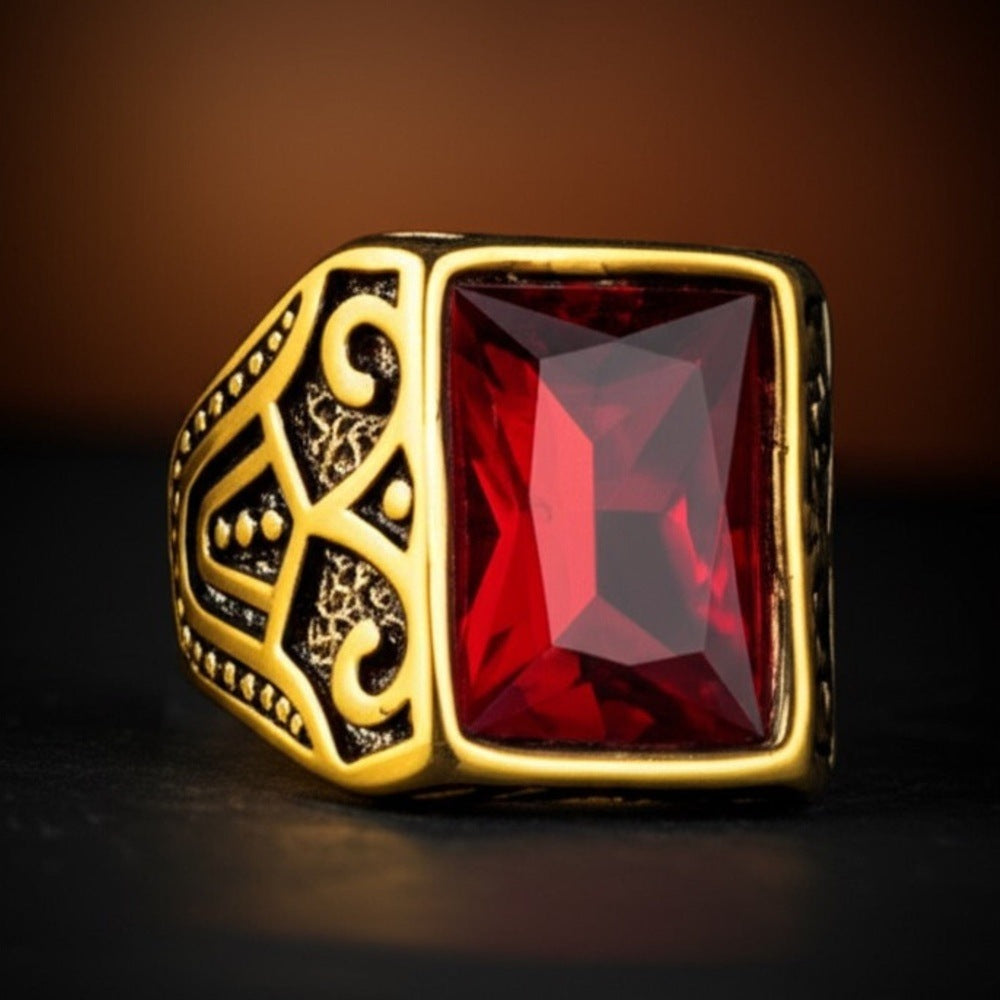 THE MEN THING Rings Royal Series - RED VALOR RING - Pure Stainless Steel Men’s Gold-Red Stone-Plated Ring – Statement Luxury Jewelry (Size : 18-21-23)