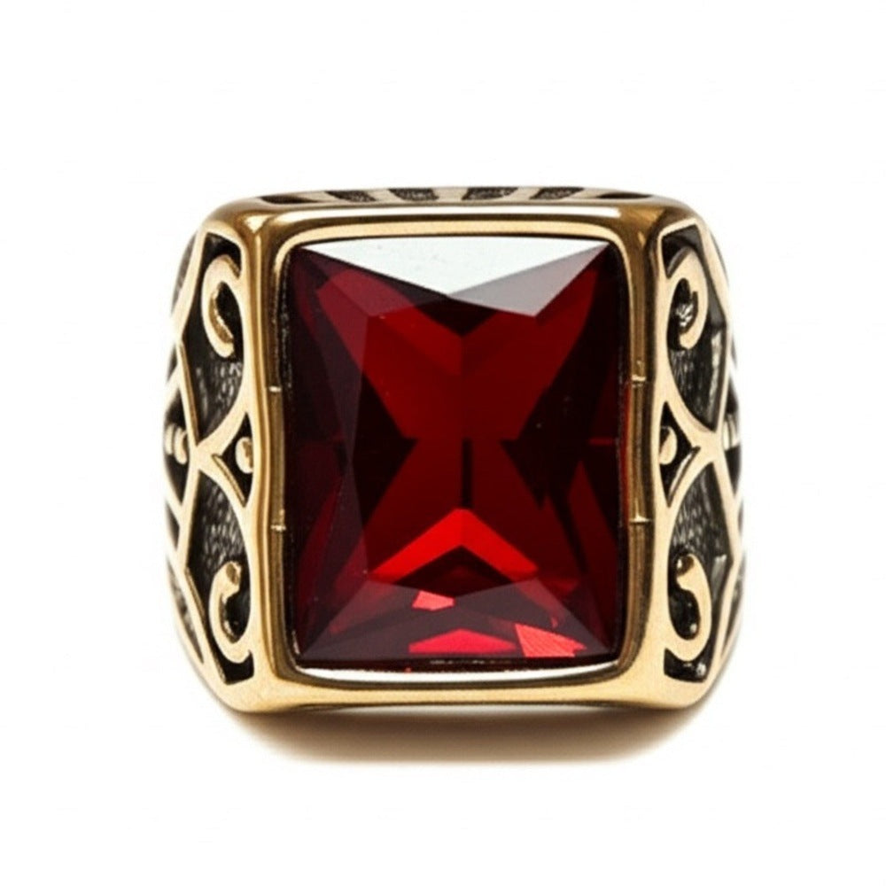 THE MEN THING Rings Royal Series - RED VALOR RING - Pure Stainless Steel Men’s Gold-Red Stone-Plated Ring – Statement Luxury Jewelry (Size : 18-21-23)