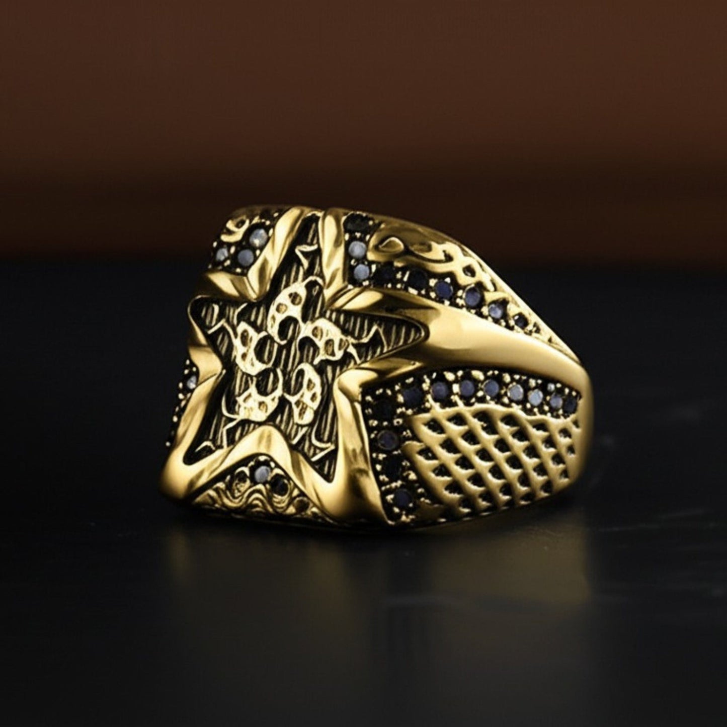 THE MEN THING Rings Royal Series - RUNIC ECLIPSE RING - Pure Stainless Steel Men’s Gold-Plated Ring – Statement Luxury Jewelry (Size : 19-22-24)