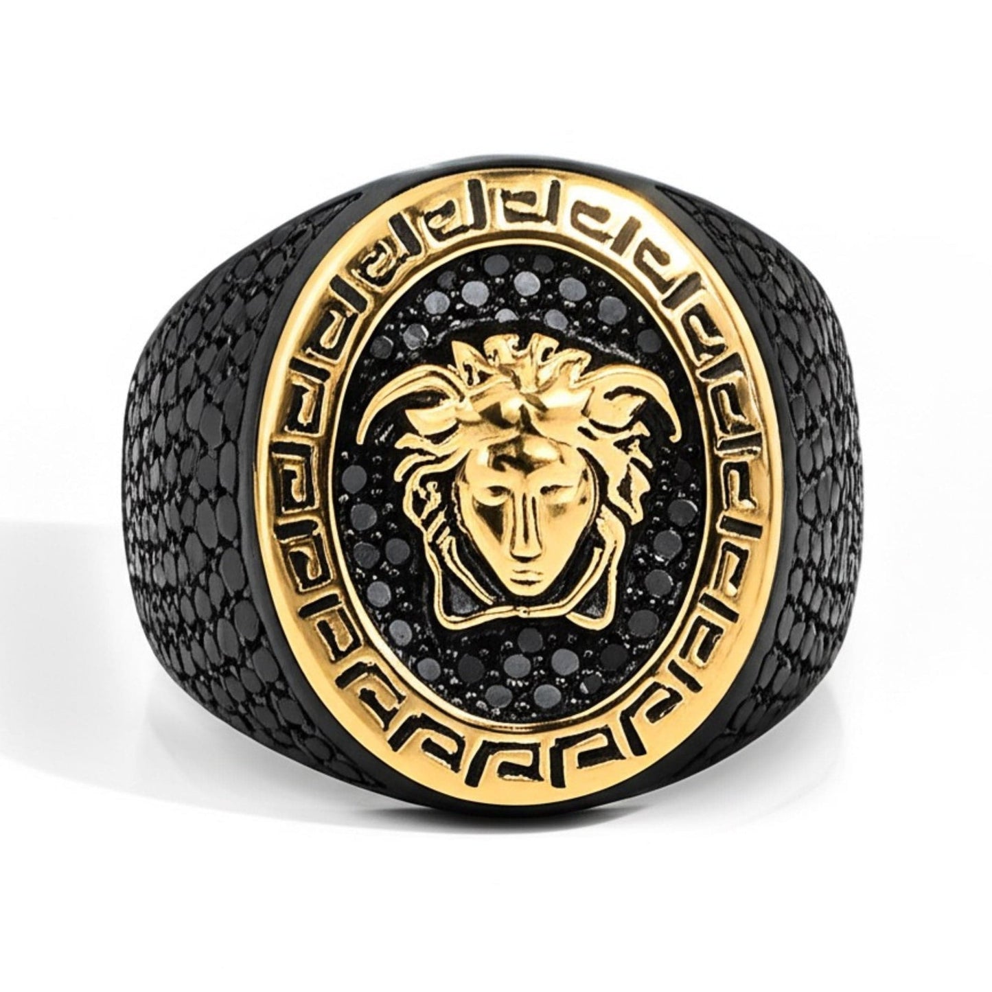 THE MEN THING Rings Royal Series - TITAN’S GAZE RING - Pure Stainless Steel Men’s Black-Gold-Plated Ring – Statement Luxury Jewelry (Size : 19-22-24)