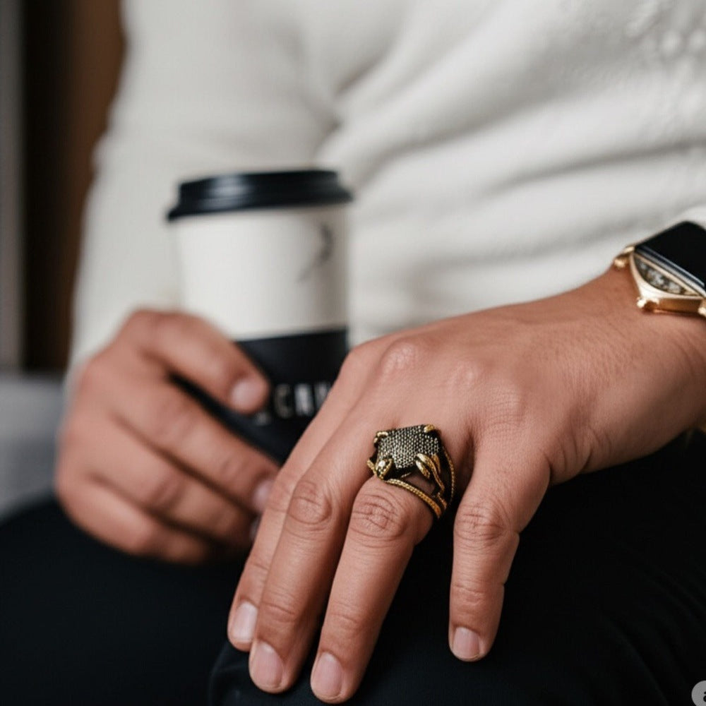 THE MEN THING Rings Royal Series - VIPER GRID RING - Pure Stainless Steel Men’s Gold-Plated Ring – Statement Luxury Jewelry (Size : -20-22)