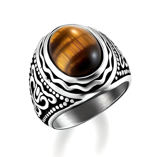 THE MEN THING Rings TIGER EYE BROWN - Vintage Tiger Eye Stone Rings for Men | Pure Titanium Steel Ring Jewellery (Size - 17-21- 24)