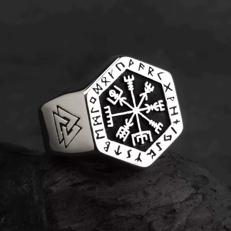 THE MEN THING Rings TOTEM COMPASS VIKING - Titanium Ring (Silver - Size 17-22- 24)