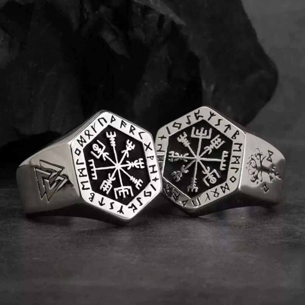THE MEN THING Rings TOTEM COMPASS VIKING - Titanium Ring (Silver - Size 17-22- 24)
