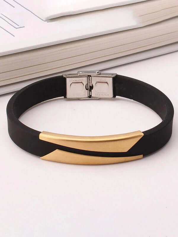 THE MEN THING Silicone Strap Bracelet MIDNIGHT SHADE GOLD - Genuine Silicone Strap Bracelet with Stainless Steel Buckle Lock for Men & Boys (8 inch)