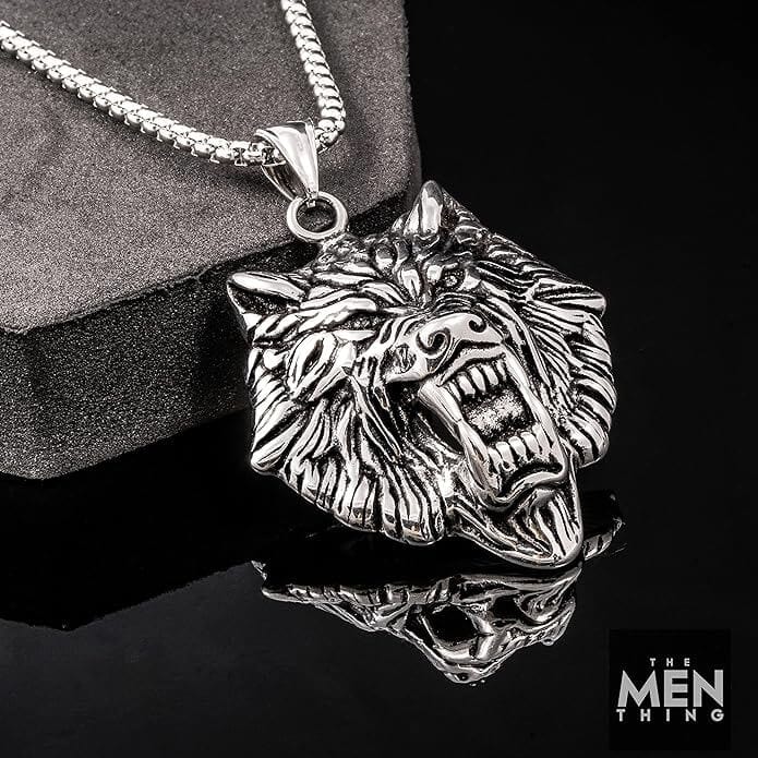 THE MEN THING SS Pendant/ Necklace ANGRY WOLF - Pure Titanium Steel Wolf Pendant with 24inch Round Box Chain for Men & Boys
