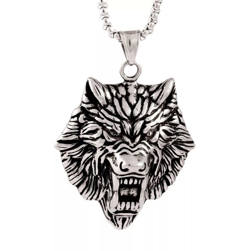 THE MEN THING SS Pendant/ Necklace ANGRY WOLF - Pure Titanium Steel Wolf Pendant with 24inch Round Box Chain for Men & Boys