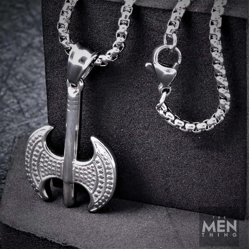THE MEN THING SS Pendant/ Necklace BATTLE DOUBLE AXE - Pure Titanium Steel Axe Pendant with 24inch Round Box Chain for Men & Boys