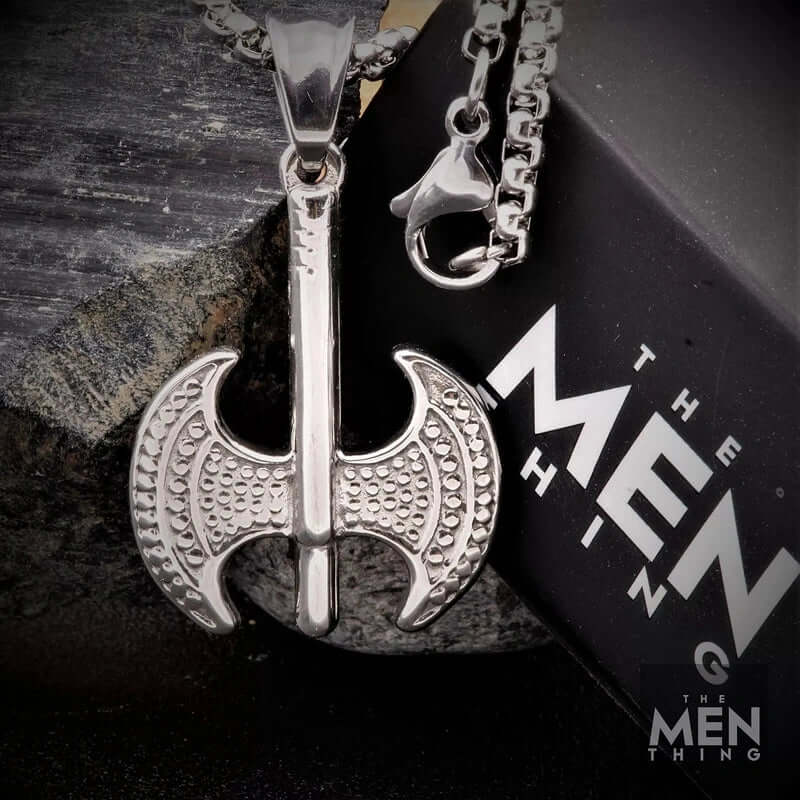 THE MEN THING SS Pendant/ Necklace BATTLE DOUBLE AXE - Pure Titanium Steel Axe Pendant with 24inch Round Box Chain for Men & Boys