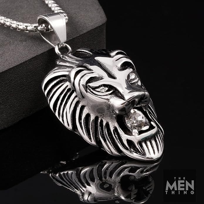 THE MEN THING SS Pendant/ Necklace CALM LION- Pure Titanium Steel Pendant with 24inch Round Box Chain for Men & Boys