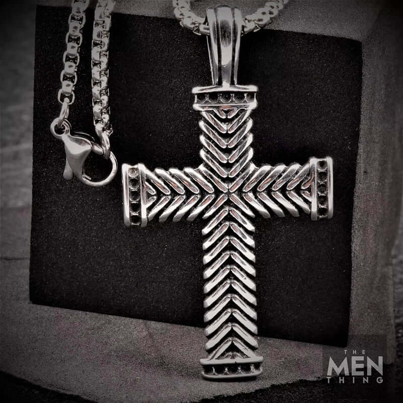 THE MEN THING SS Pendant/ Necklace CHEVRON CROSS - Titanium Steel Pendant with 24inch Round Box Chain for Men & Boys
