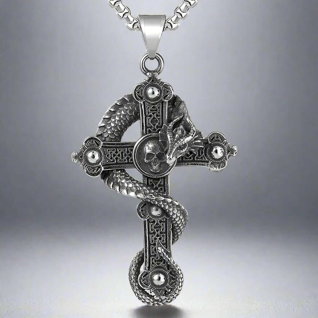THE MEN THING SS Pendant/ Necklace COBRA-CROSS - Alloy Snake Pendant with Pure Stainless Steel 24inch Round Box Chain, European trending Style for Men & Boy