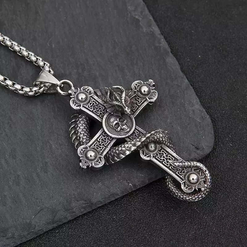 THE MEN THING SS Pendant/ Necklace COBRA-CROSS - Alloy Snake Pendant with Pure Stainless Steel 24inch Round Box Chain, European trending Style for Men & Boy