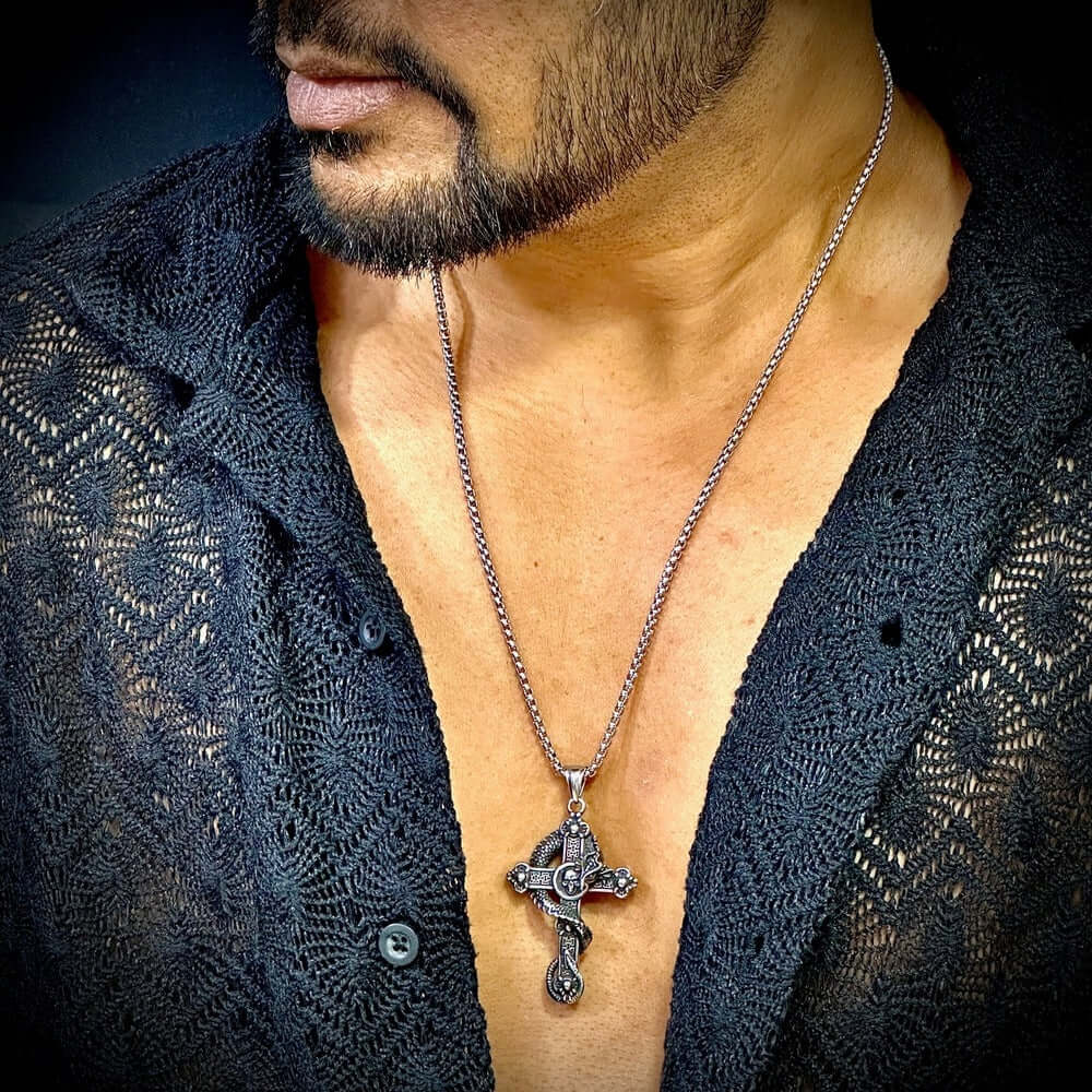 THE MEN THING SS Pendant/ Necklace COBRA CROSS (T) - Pure Titanium Steel Pendant with Stainless Steel 24inch Round Box Chain, European trending Style for Men & Boy