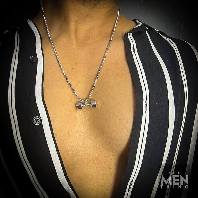 THE MEN THING SS Pendant/ Necklace DUMBBELL PASSION - Pure Titanium Steel Pendant with 24inch Round Box Chain for Men & Boys