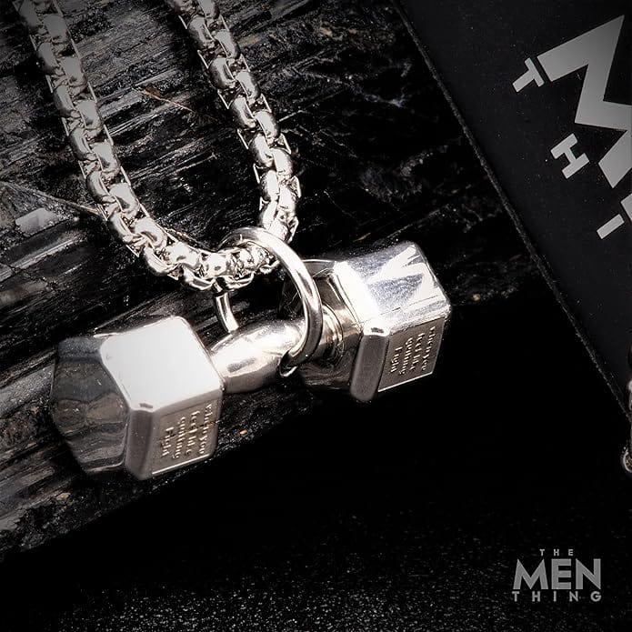 THE MEN THING SS Pendant/ Necklace DUMBBELL PASSION - Pure Titanium Steel Pendant with 24inch Round Box Chain for Men & Boys