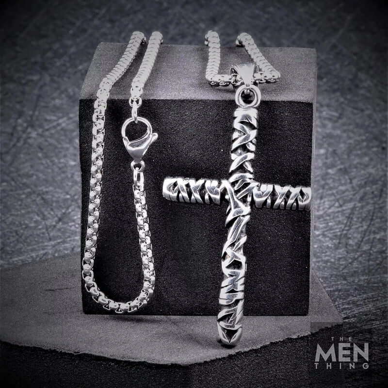 THE MEN THING SS Pendant/ Necklace FAITH CROSS - Pure Titanium Steel Cross Pendant with 24inch Round Box Chain for Men & Boys