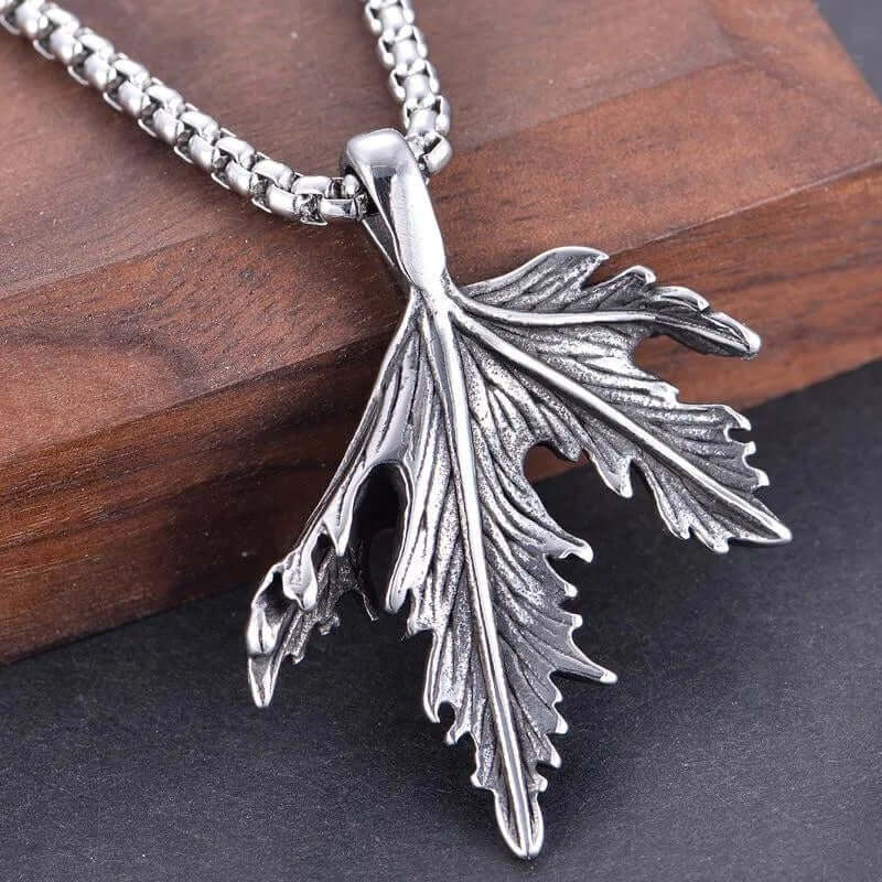 THE MEN THING SS Pendant/ Necklace FOLDED FOLIAGE - Titanium Steel Leaf Pendant with 24inch Round Box Chain for Men & Boys