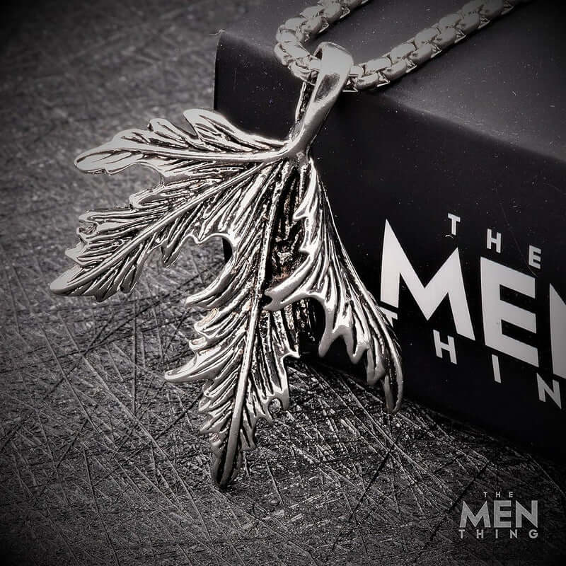 THE MEN THING SS Pendant/ Necklace FOLDED FOLIAGE - Titanium Steel Leaf Pendant with 24inch Round Box Chain for Men & Boys
