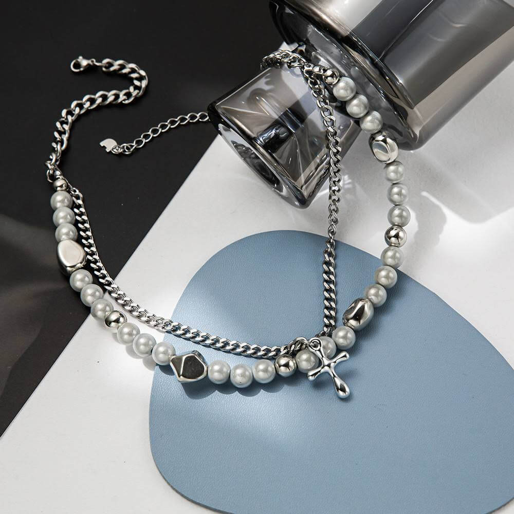 THE MEN THING SS Pendant/ Necklace MIRE SERENITY - Two Layer Necklace with Titanium Steel Chain & Fusion Cuban Pearls & Cross Pendant - Size 18inch