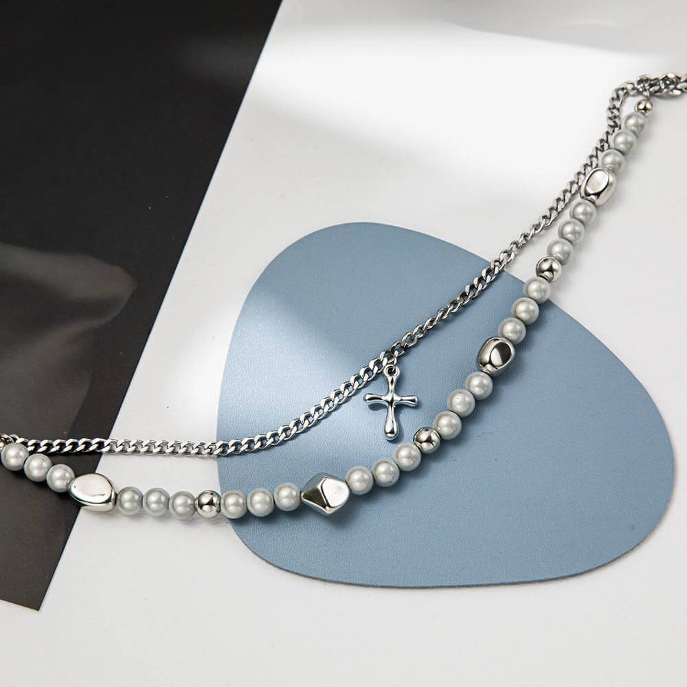 THE MEN THING SS Pendant/ Necklace MIRE SERENITY - Two Layer Necklace with Titanium Steel Chain & Fusion Cuban Pearls & Cross Pendant - Size 18inch