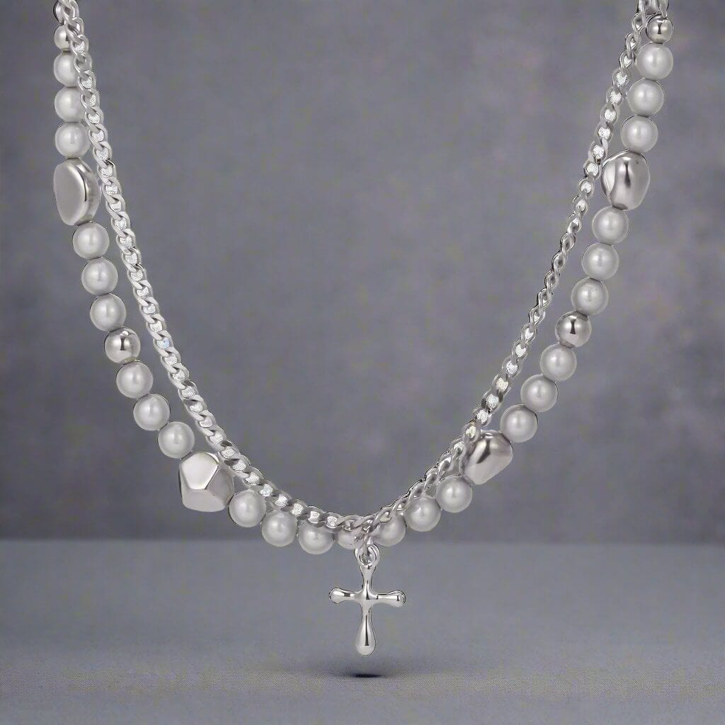 THE MEN THING SS Pendant/ Necklace MIRE SERENITY - Two Layer Necklace with Titanium Steel Chain & Fusion Cuban Pearls & Cross Pendant - Size 18inch
