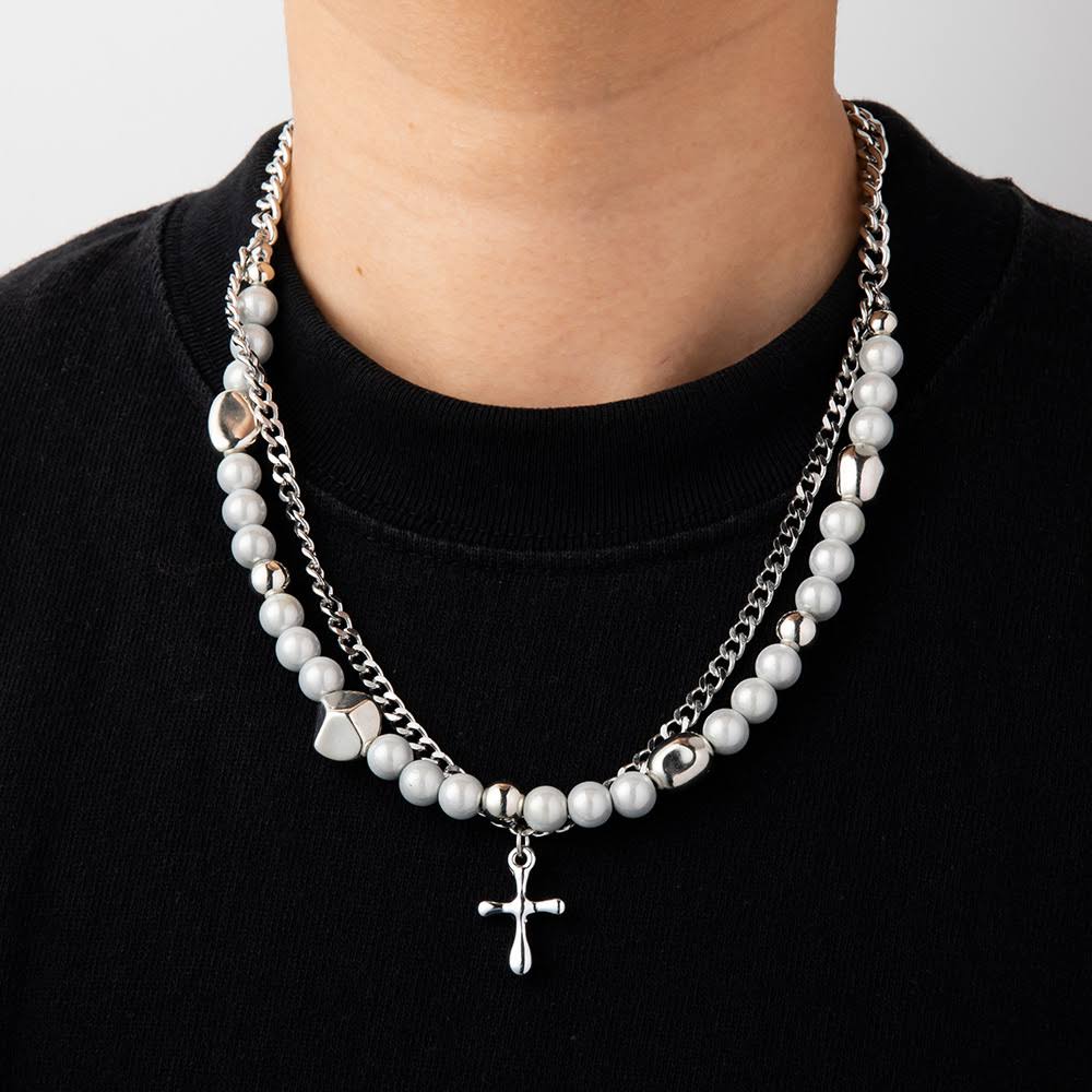 THE MEN THING SS Pendant/ Necklace MIRE SERENITY - Two Layer Necklace with Titanium Steel Chain & Fusion Cuban Pearls & Cross Pendant - Size 18inch