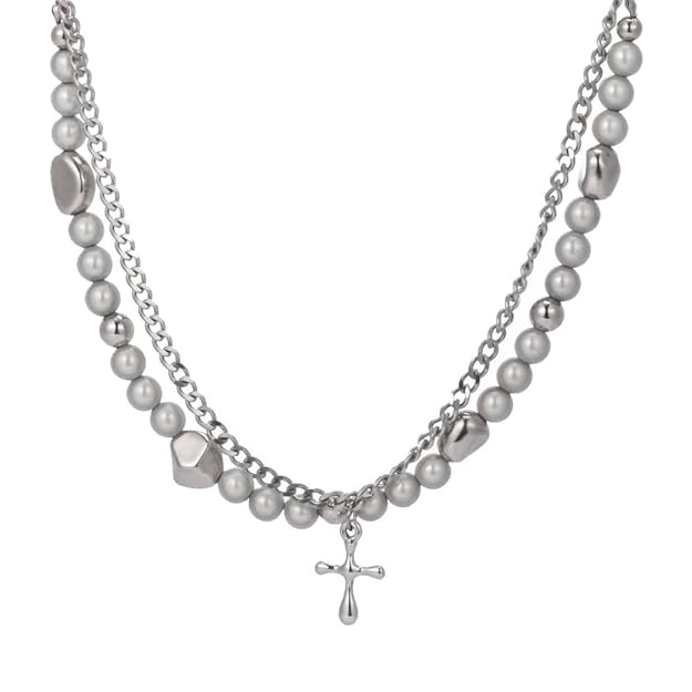 THE MEN THING SS Pendant/ Necklace MIRE SERENITY - Two Layer Necklace with Titanium Steel Chain & Fusion Cuban Pearls & Cross Pendant - Size 18inch