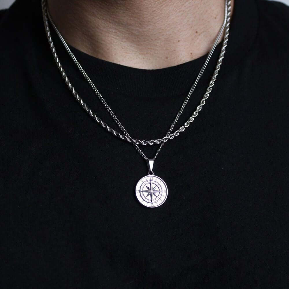 THE MEN THING SS Pendant/ Necklace NORTH STAR - Silver Tone Alloy Pendant with Stainless Steel Round Box Chain Set - 24-inch & 3mm Rope Chain, European Trending Style