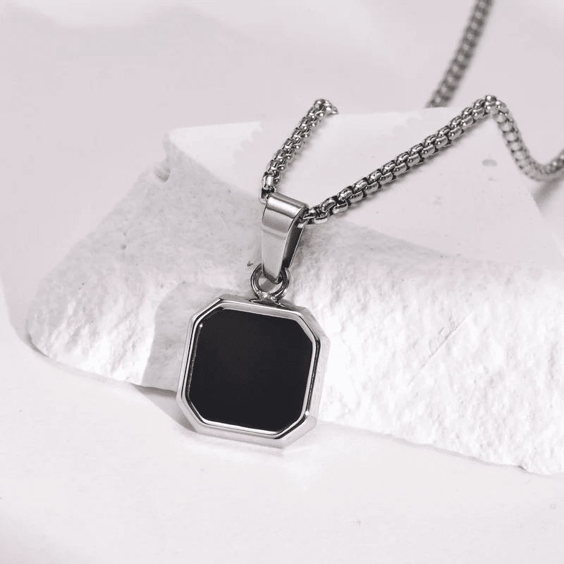 THE MEN THING SS Pendant/ Necklace OCTAGON GEO - Alloy Pendant with Black Stone & Stainless Steel 24inch Round Box Chain, American trending Style for Men & Boy