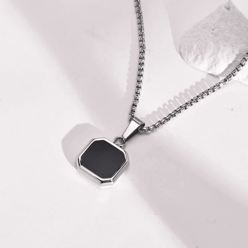 THE MEN THING SS Pendant/ Necklace OCTAGON GEO - Alloy Pendant with Black Stone & Stainless Steel 24inch Round Box Chain, American trending Style for Men & Boy