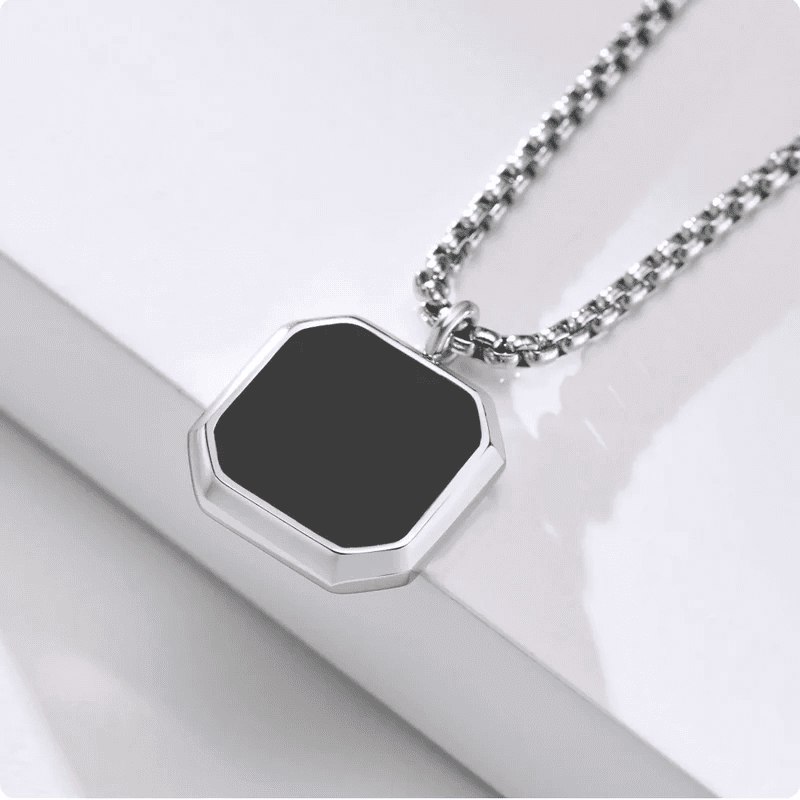 THE MEN THING SS Pendant/ Necklace OCTAGON GEO - Alloy Pendant with Black Stone & Stainless Steel 24inch Round Box Chain, American trending Style for Men & Boy