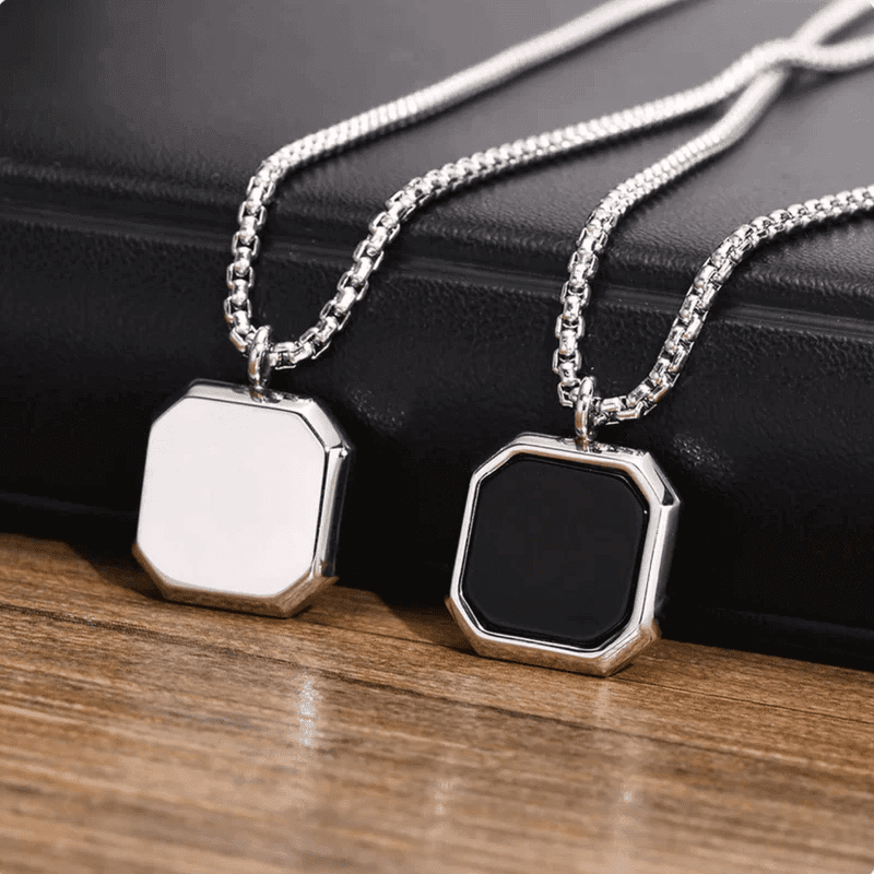 THE MEN THING SS Pendant/ Necklace OCTAGON GEO - Alloy Pendant with Black Stone & Stainless Steel 24inch Round Box Chain, American trending Style for Men & Boy