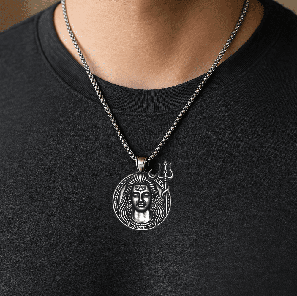 THE MEN THING SS Pendant/ Necklace SHIVA THE PROTECTOR - Pure Vintage Pure Steel Pendant with 24inch Round Box Chain for Men & Boys