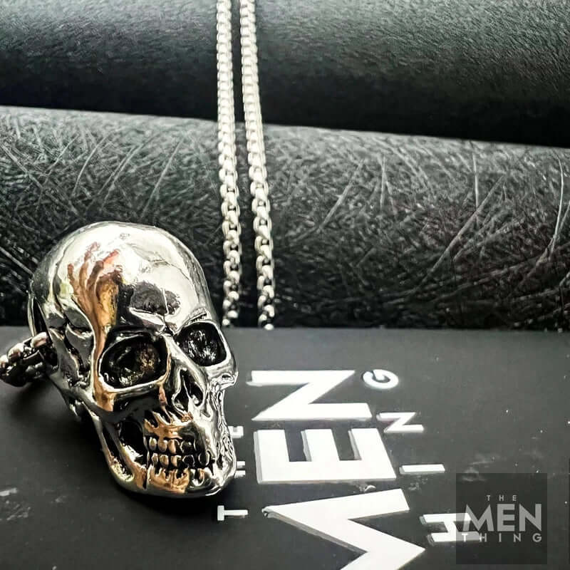 THE MEN THING SS Pendant/ Necklace SKULL HARD - Alloy Silver Skull Pendant with Pure Stainless Steel 24inch Round Box Chain, European trending Style Men & Boy