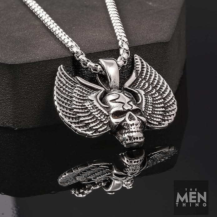THE MEN THING SS Pendant/ Necklace SKULL WING - Pure Titanium Steel Pendant with 24inch Round Box Chain for Men & Boys