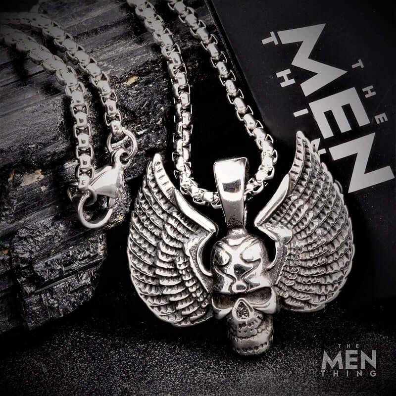 THE MEN THING SS Pendant/ Necklace SKULL WING - Pure Titanium Steel Pendant with 24inch Round Box Chain for Men & Boys