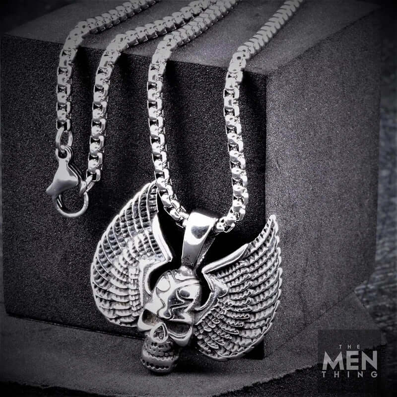 THE MEN THING SS Pendant/ Necklace SKULL WING - Pure Titanium Steel Pendant with 24inch Round Box Chain for Men & Boys