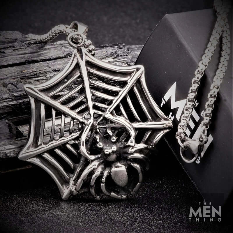 THE MEN THING SS Pendant/ Necklace SPIDER NET - Pure Titanium Steel Pendant with 24inch Round Box Chain for Men & Boys