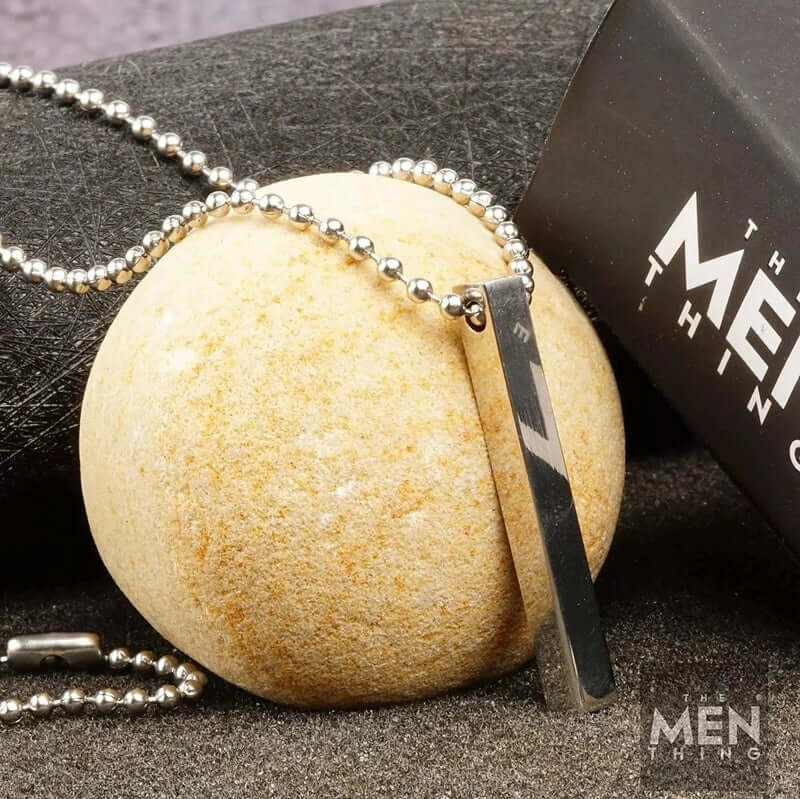 THE MEN THING SS Pendant/ Necklace THE SLEEK (T) - Pure Titanium Steel 3D Silver Cuboid Vertical Bar Pendant with 24inch Ball Chain for Men & Boys