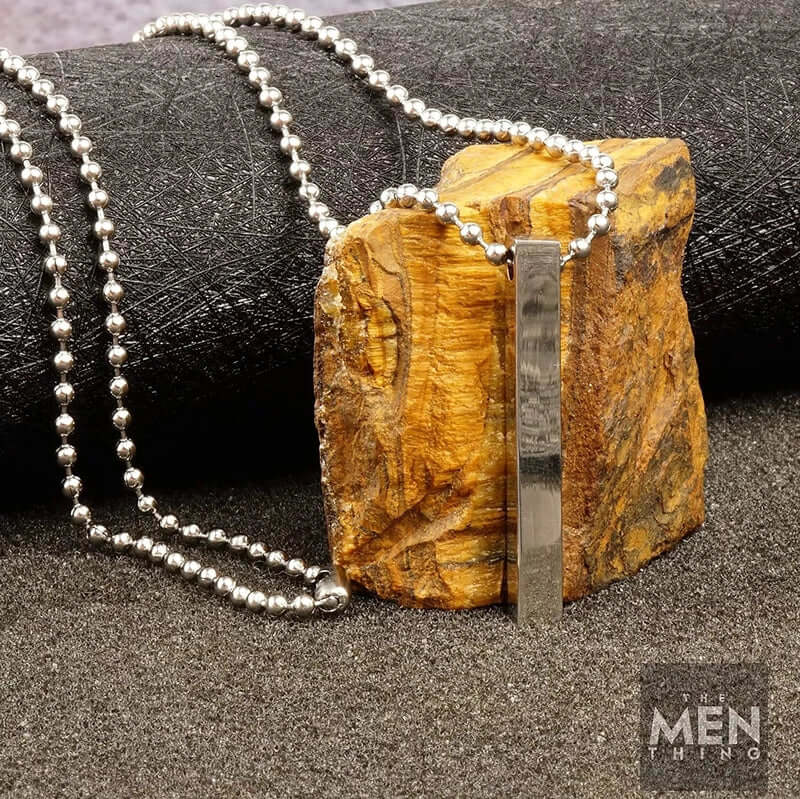 THE MEN THING SS Pendant/ Necklace THE SLEEK (T) - Pure Titanium Steel 3D Silver Cuboid Vertical Bar Pendant with 24inch Ball Chain for Men & Boys