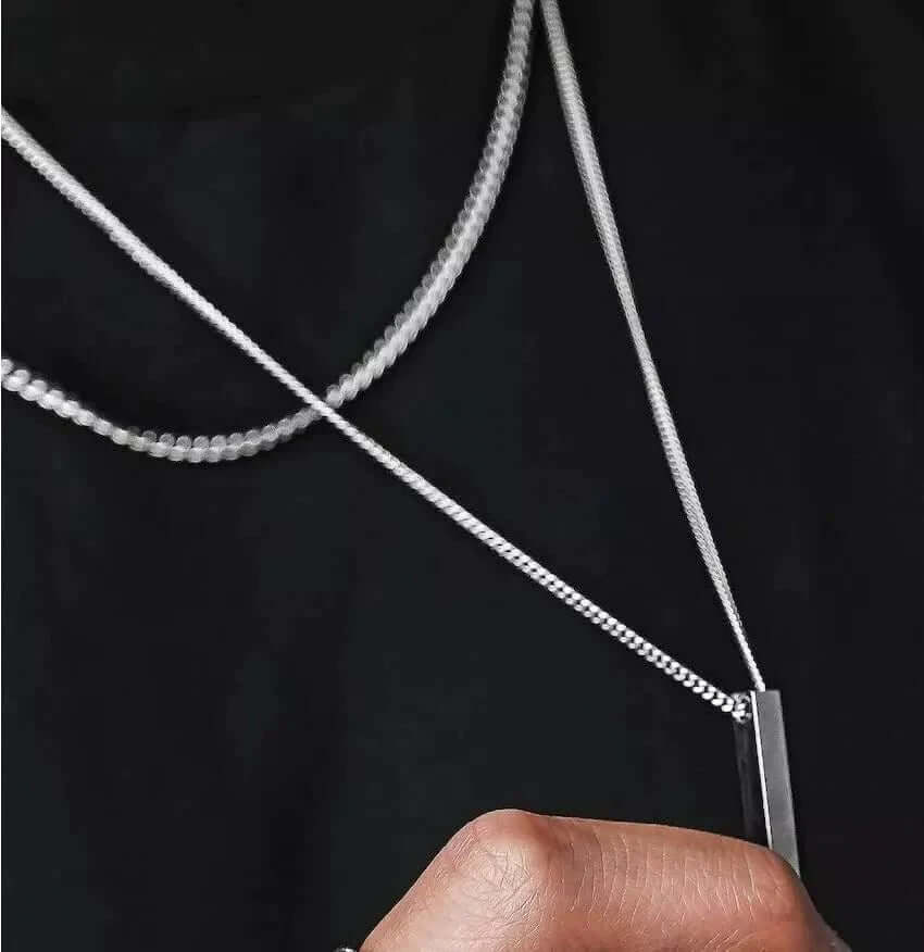 THE MEN THING SS Pendant/ Necklace THE ULTRA SLEEK (T) - Pure Titanium Steel Ultra Polished 3D Silver Cuboid Vertical Bar Pendant with 24inch Round Box Chain for Men & Boys