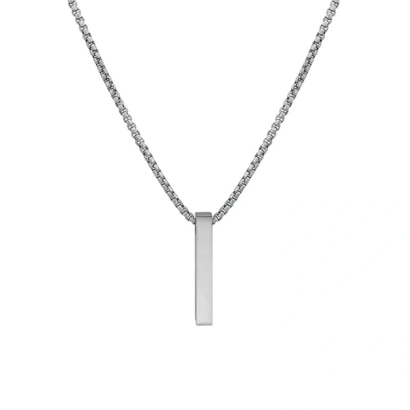 THE MEN THING SS Pendant/ Necklace THE ULTRA SLEEK (T) - Pure Titanium Steel Ultra Polished 3D Silver Cuboid Vertical Bar Pendant with 24inch Round Box Chain for Men & Boys